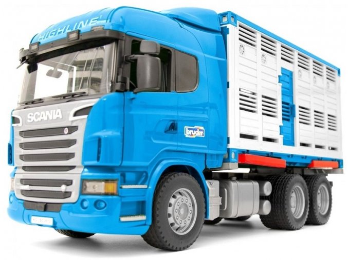 BRUDER 3549 Přepravník zvířat Scania R s figurkou krávy