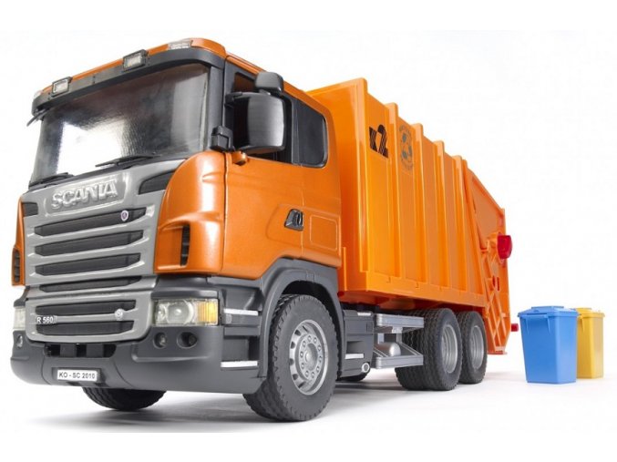 BRUDER 3560 Scania popelář oranžový zadní nakládka