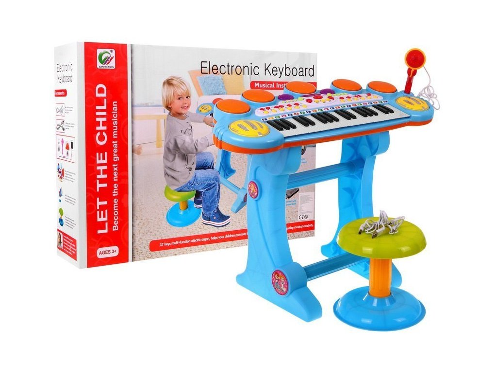 Dětské klávesy s mikrofonem a židličkou modré