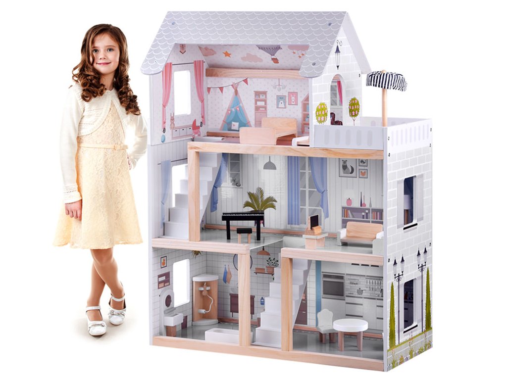 Dřevěný domeček pro panenky s LED osvětlením bílý