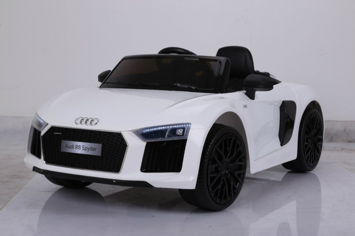 Audi R8 Spyder Baterie Bílá + Dálkové ovládání + EVA + Pomalý start + Rádio MP3 + LED dioda