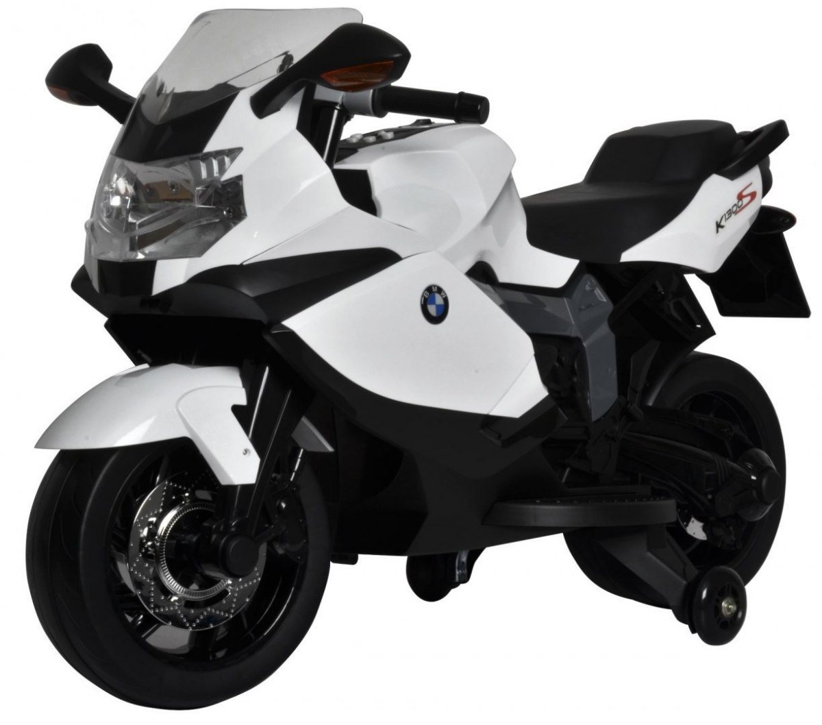 BMW K1300S Dětský motocykl na baterie bílý + pomocná kolečka + zvuky Světla + pomalý start