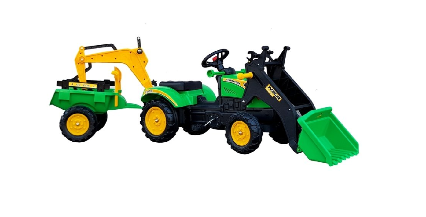 HračkyZaDobréKačky Šlapací traktor Benson s přívěsem a lžíci zelený