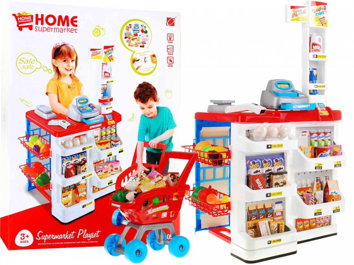 Dětský supermarket s nákupním vozíkem červený