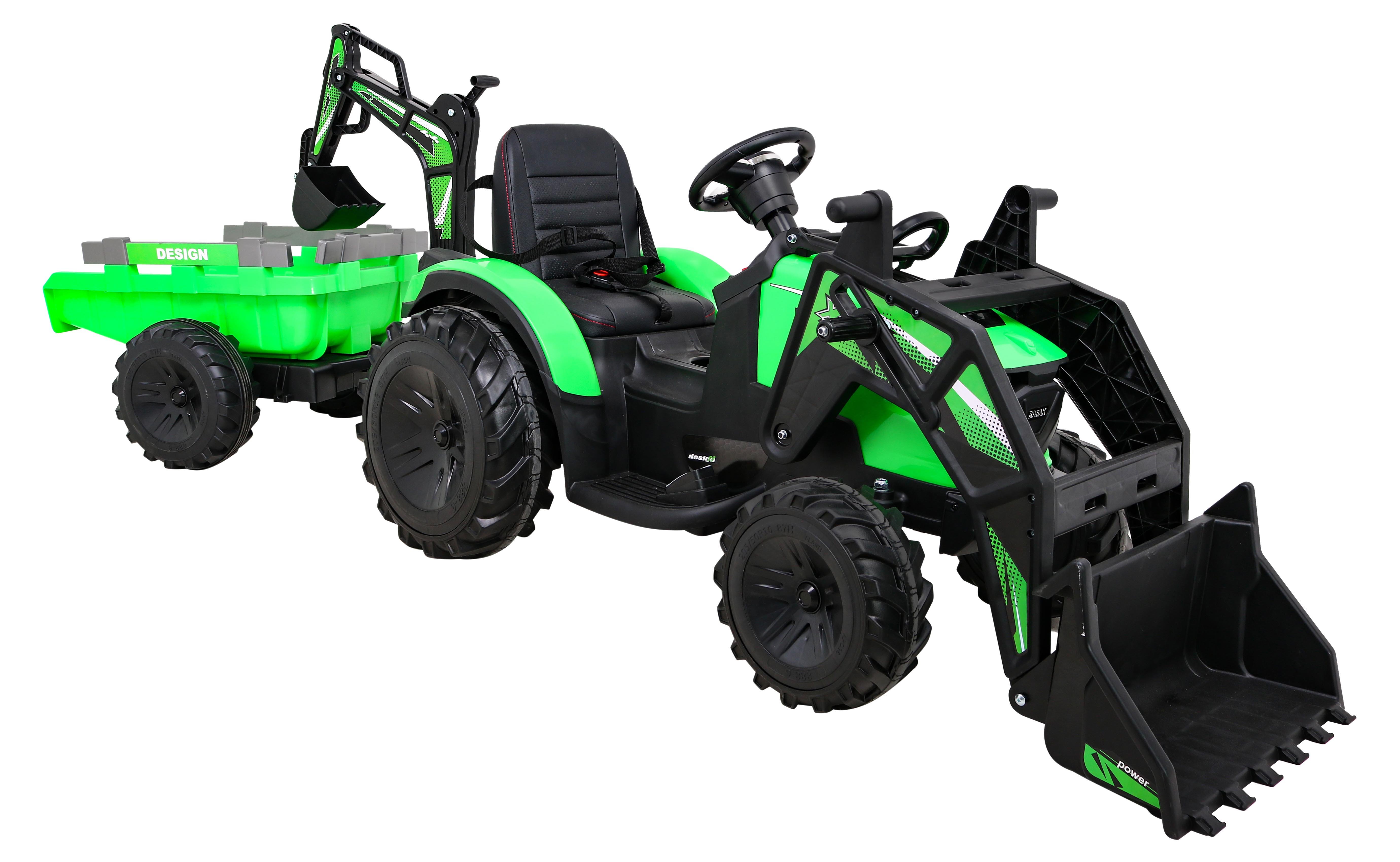Dětský elektrický traktor STRONG s přívěsem zelený