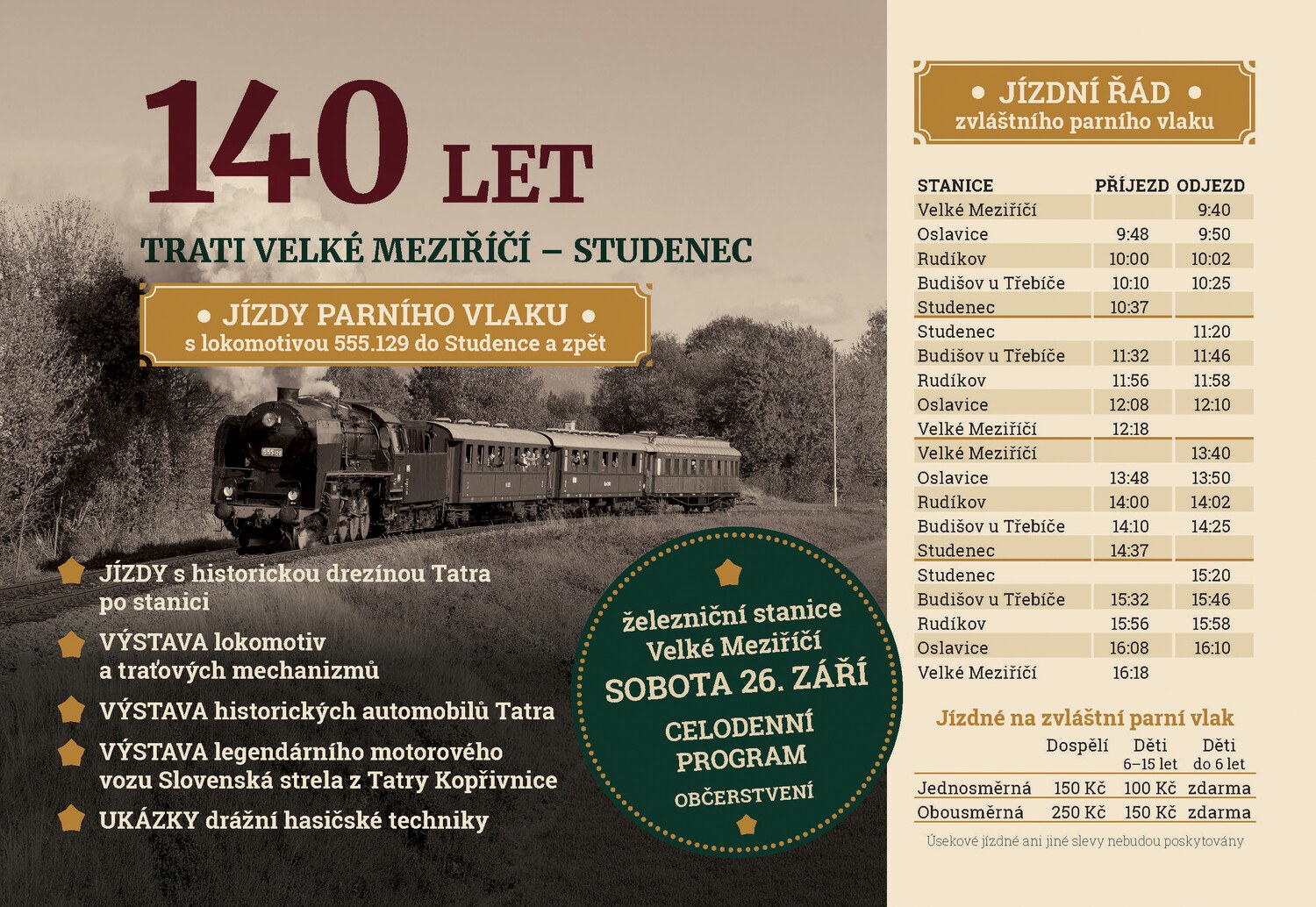 140 let trati Velké Meziříčí – Studenec 2026: parní vlak, Slovenská strela i drezína Tatra