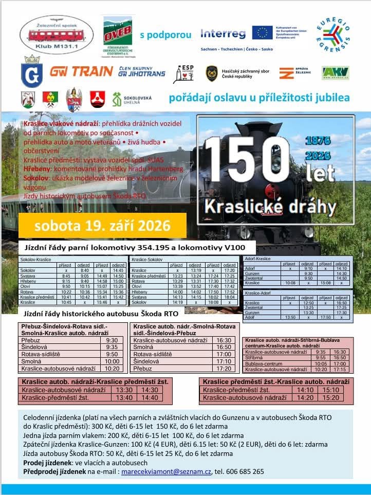 150 let Kraslické dráhy: parní vlak ze Sokolova do Kraslic 19. září 2026
