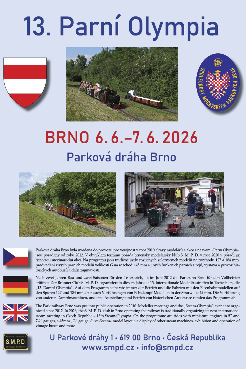 13. Parní Olympia Brno 2026 — živé parní modely na Parkové dráze