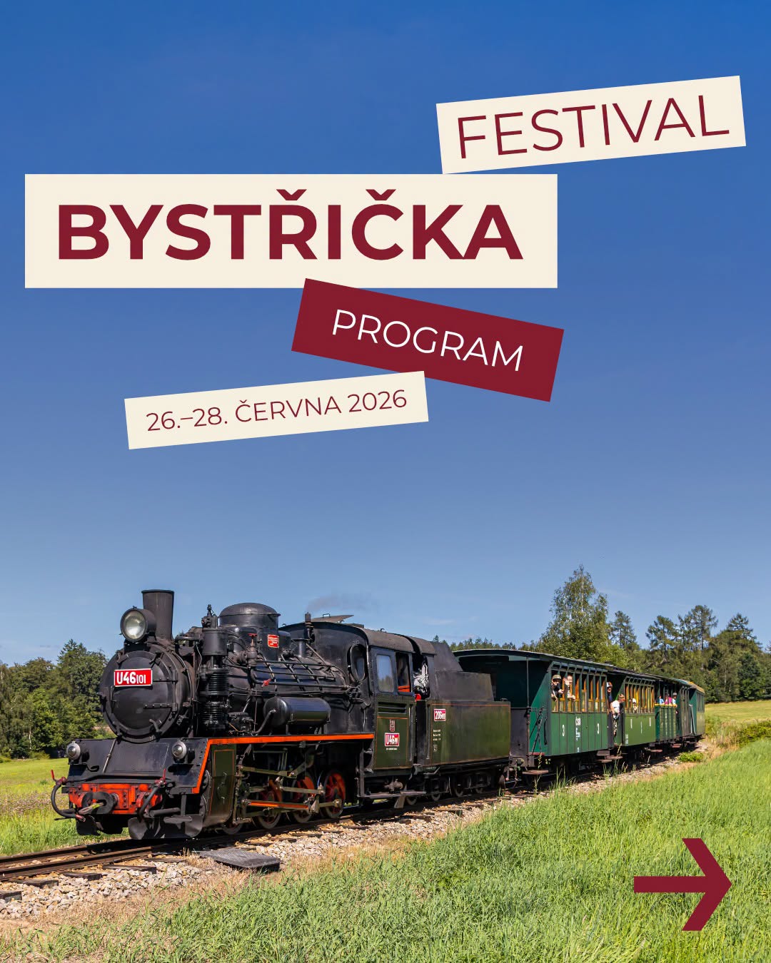 Festival Bystřička 26. – 28. 6. 2026 – třídenní oslava úzkokolejky s volným vstupem