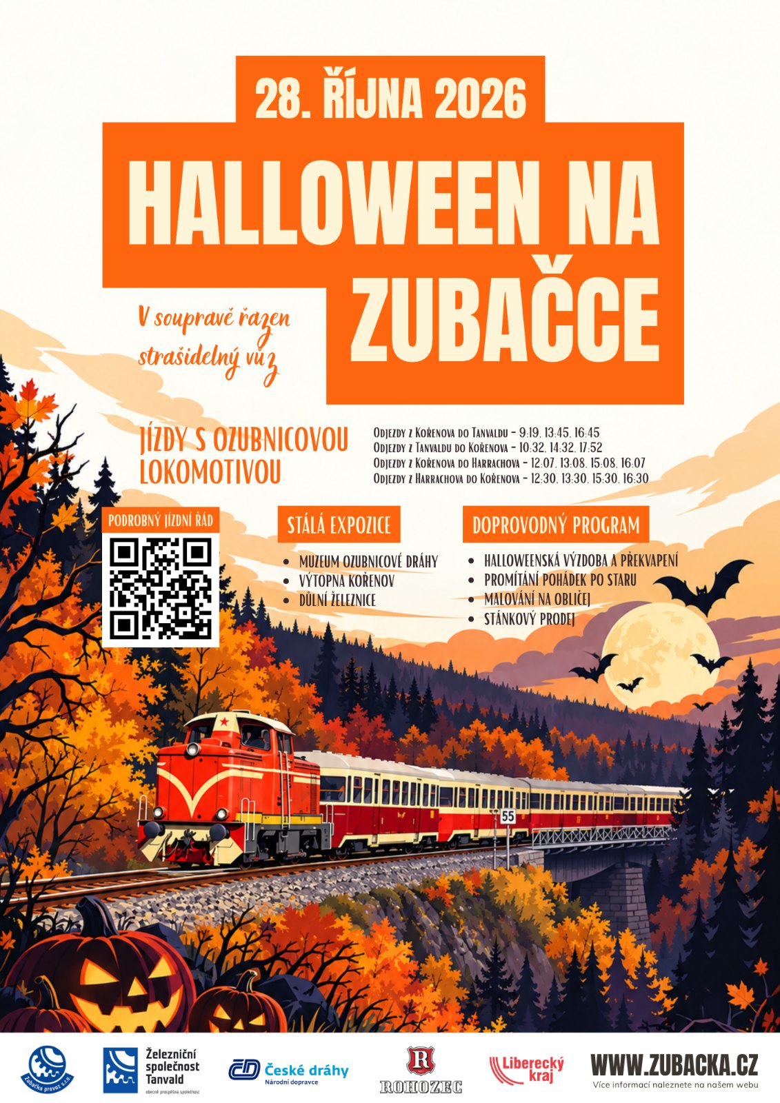 Plakát Halloween na Zubačce 28. října 2026 – jízdy s ozubnicovou lokomotivou, stálá expozice a doprovodný program v Kořenově