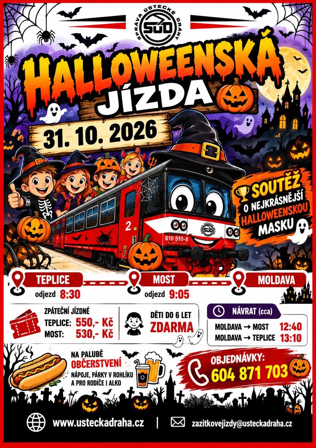 Halloweenská jízda Ústecké dráhy 31. 10. 2026: vlakem z Teplic a Mostu do Moldavy