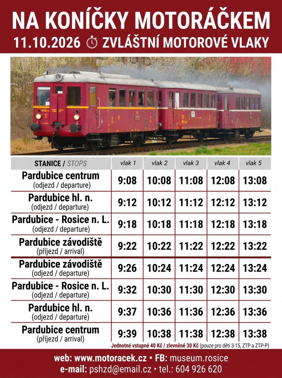 Pardubice 10.–11. 10. 2026: historické motoráčky, trolejbusy a Na koníčky motoráčkem