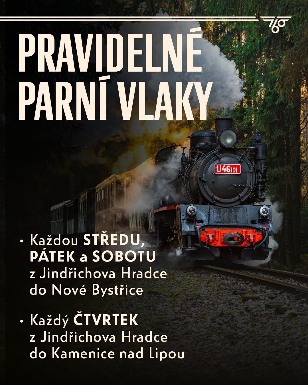 Pravidelné parní vlaky Jindřichův Hradec 2026: kdy jezdí do Nové Bystřice a Kamenice nad Lipou