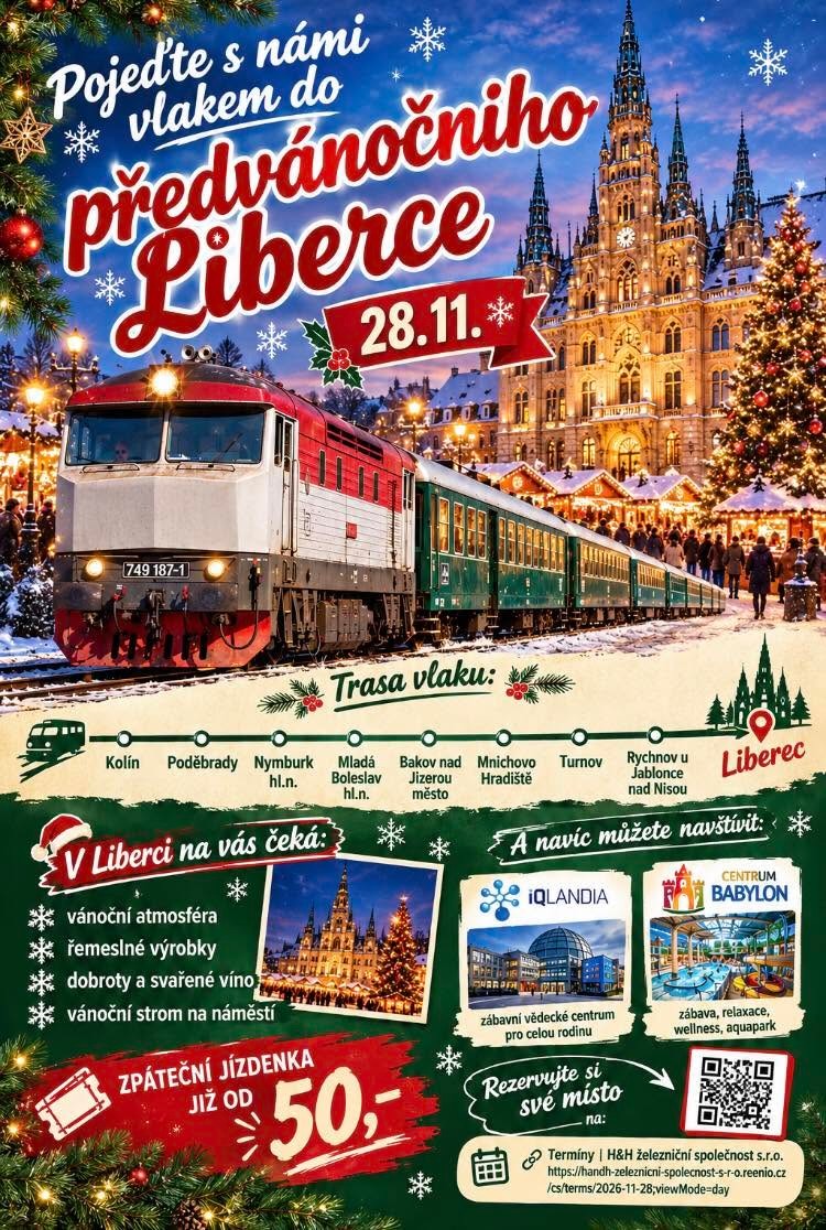 Vlakem do předvánočního Liberce 28. 11. 2026: jízdní řád a jízdné z Kolína