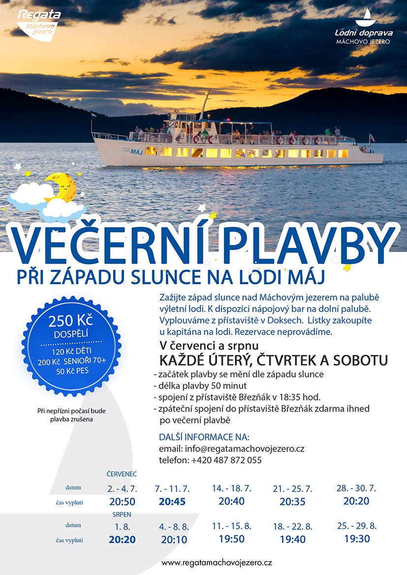 Plavby po Máchově jezeře s dětmi: večerní, vyhlídkové i pravidelná lodní doprava