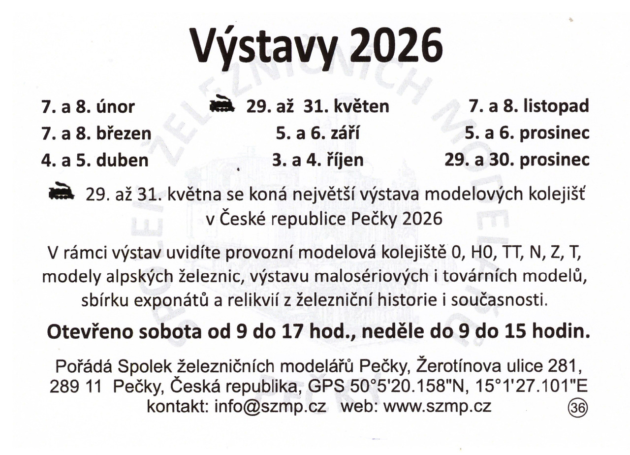 Plakát Výstavy 2026 Spolku železničních modelářů Pečky se všemi termíny výstav
