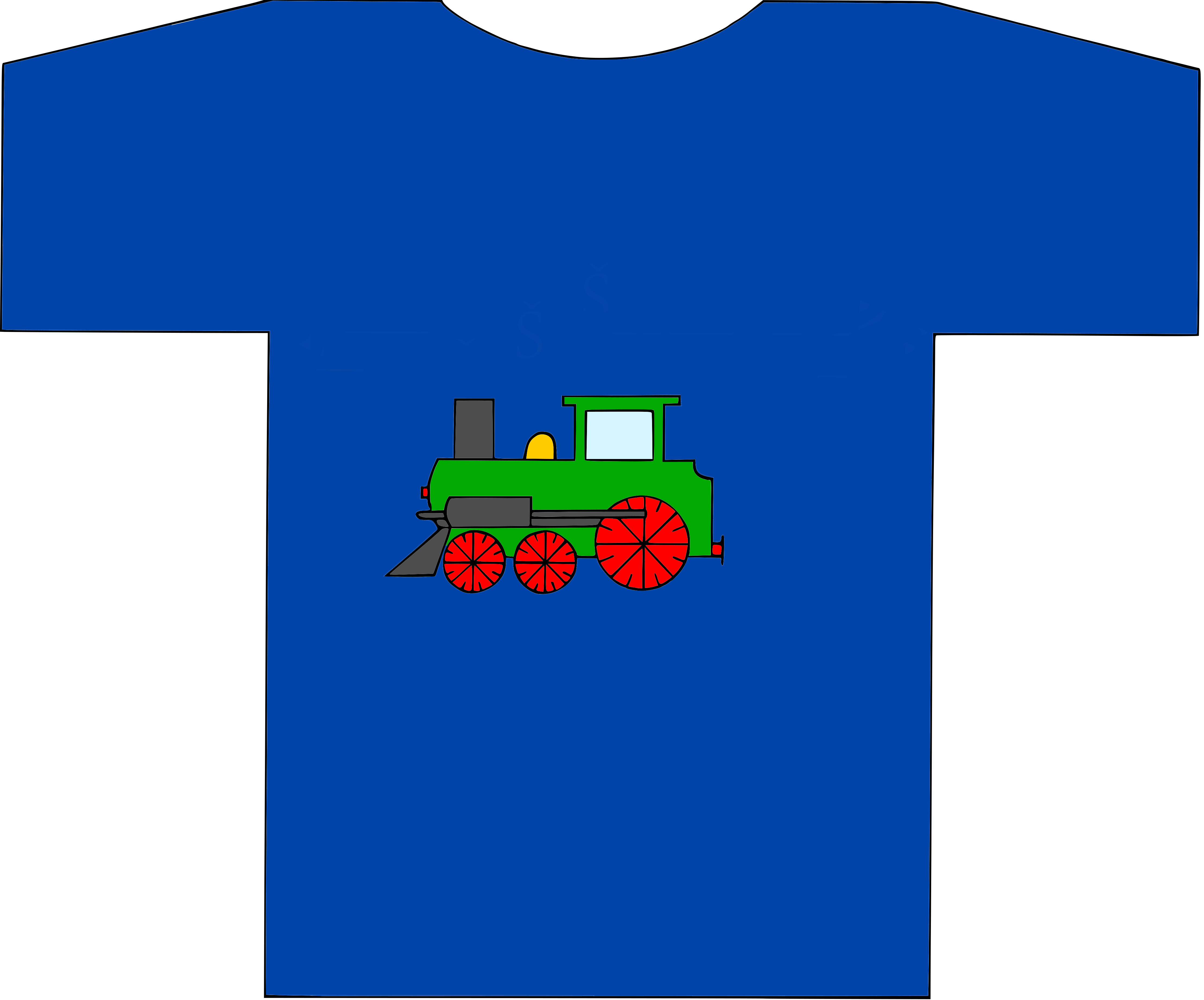 Ilustrace modrého trička se zelenou mašinkou pro děti
