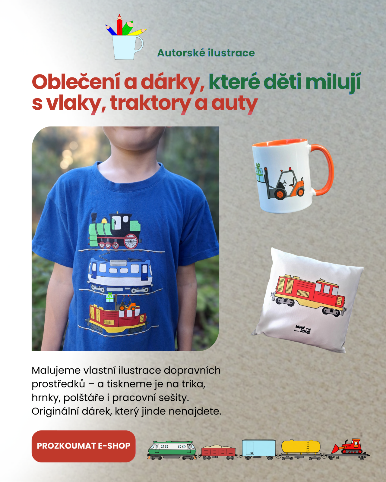 Oblečení a dárky s vlaky, traktory a auty - modré dětské tričko Tři mašinky s autorskou ilustrací tří lokomotiv pod sebou a hrníček s vozíkem a polštář s vlakem pro děti