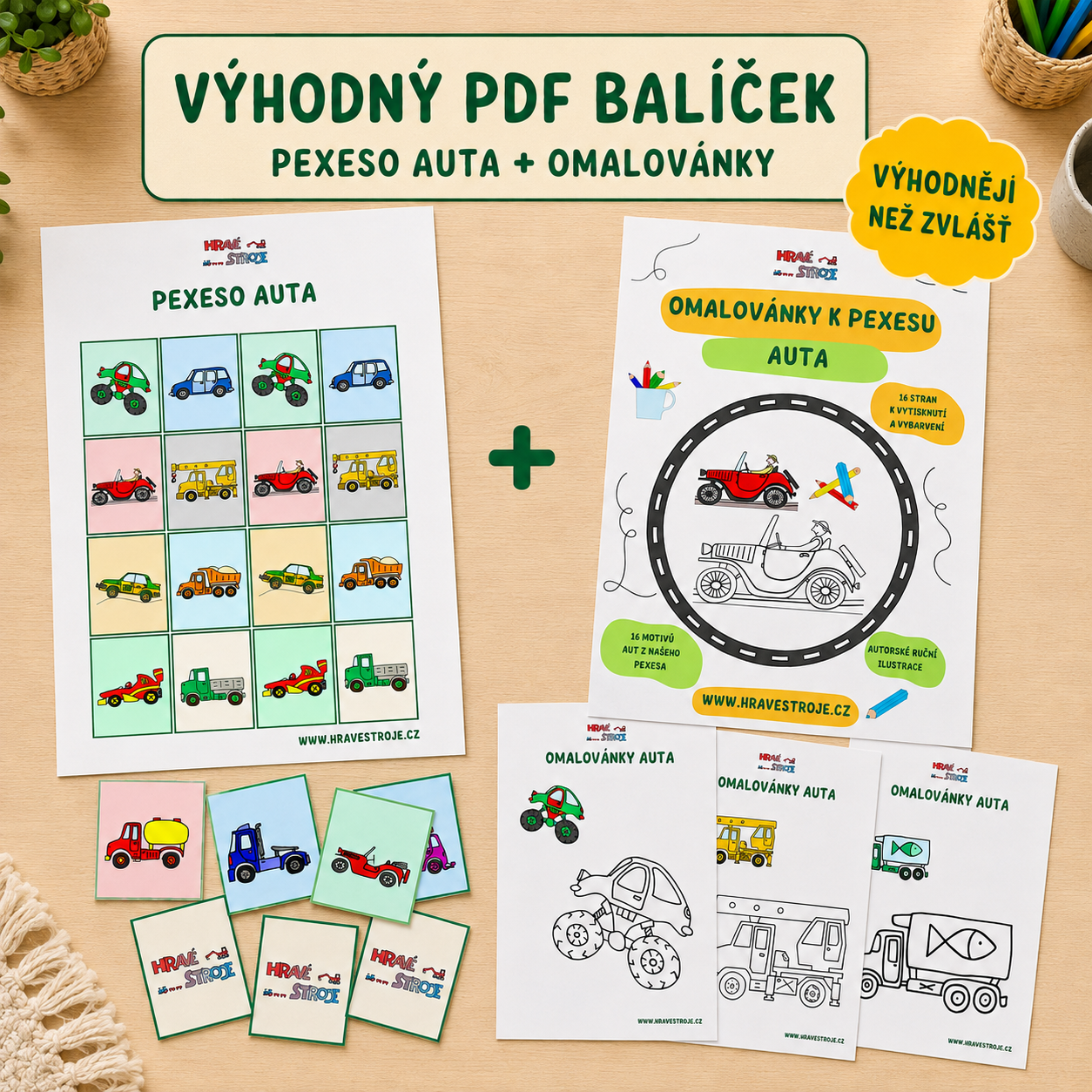 Balíček pexeso a omalovánky auta