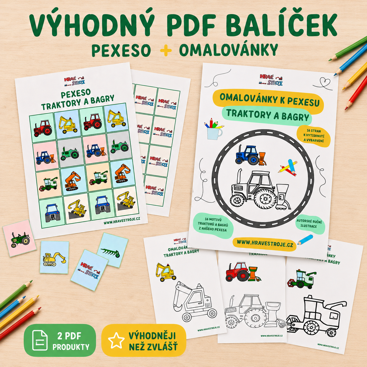 Balíček pexeso a omalovánky traktory a bagry