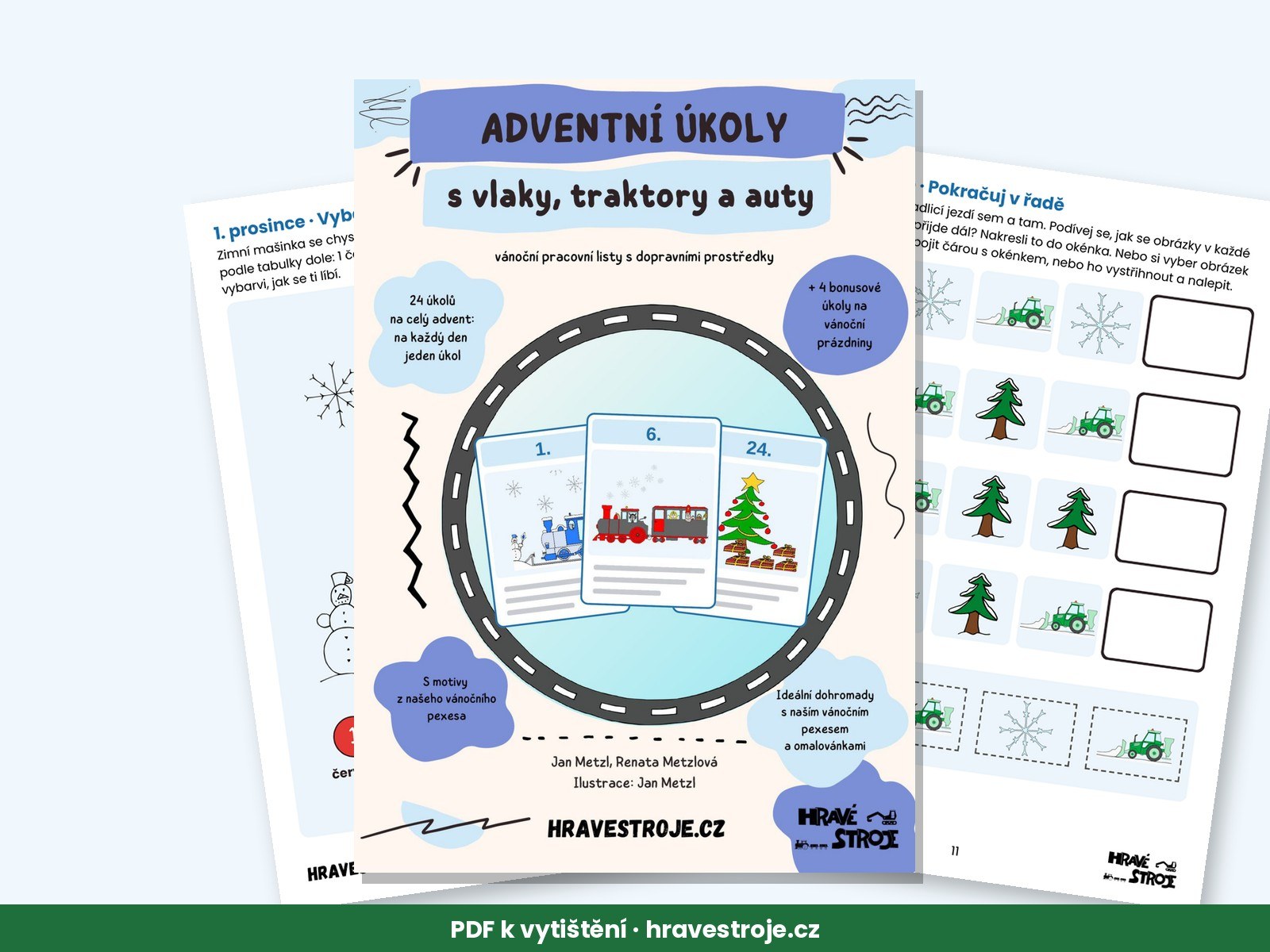 Adventní úkoly s vlaky, traktory a auty pro děti – ilustrace Hravé stroje
