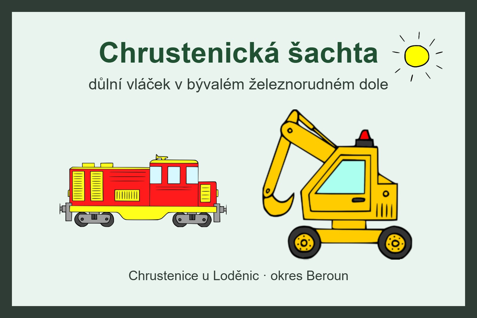 Ilustrace důlního vláčku a bagru – Chrustenická šachta s dětmi