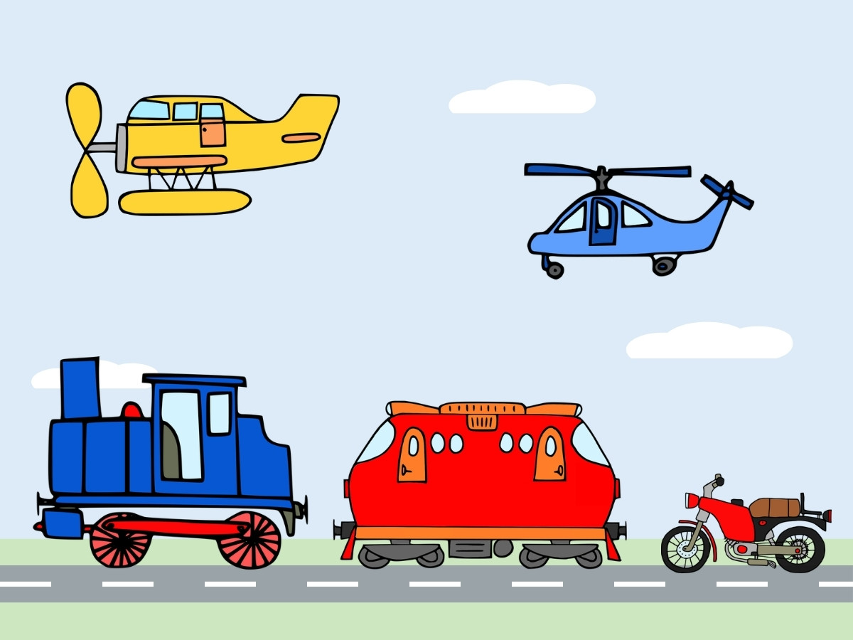Kreslené mašinky, letadlo, vrtulník a motorka – ilustrace k výstavě modelů For Model Olomouc