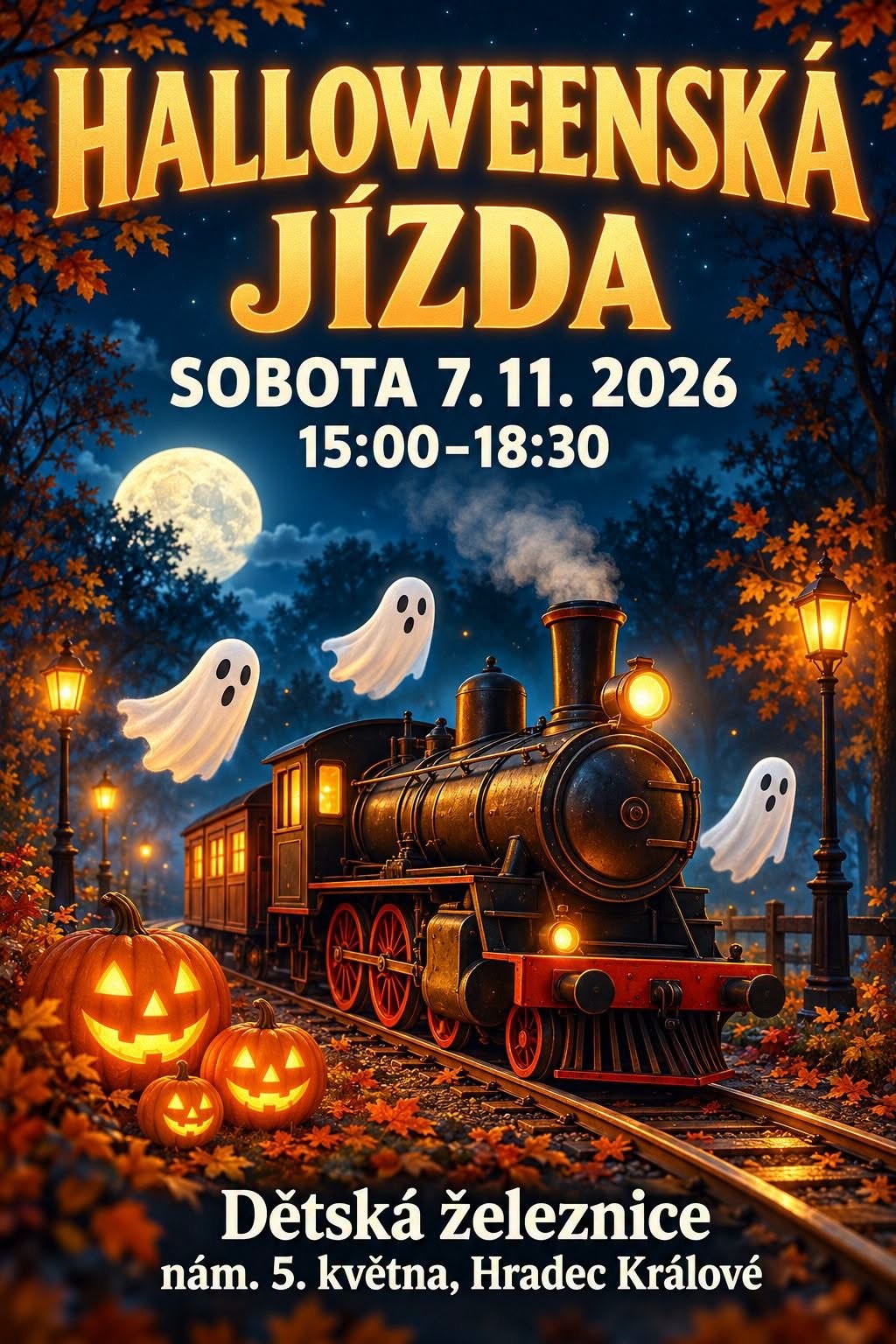 Halloweenská jízda na Dětské železnici v Hradci Králové 7. 11. 2026 – plakát pořadatele