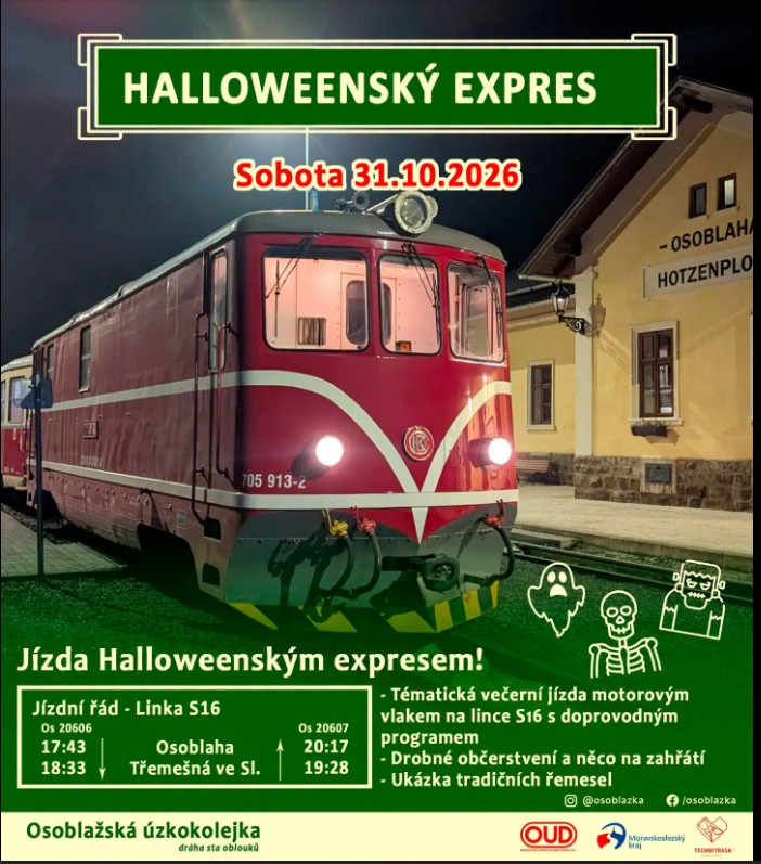 Halloweenský expres na Osoblažské úzkokolejce 31. 10. 2026 – plakát