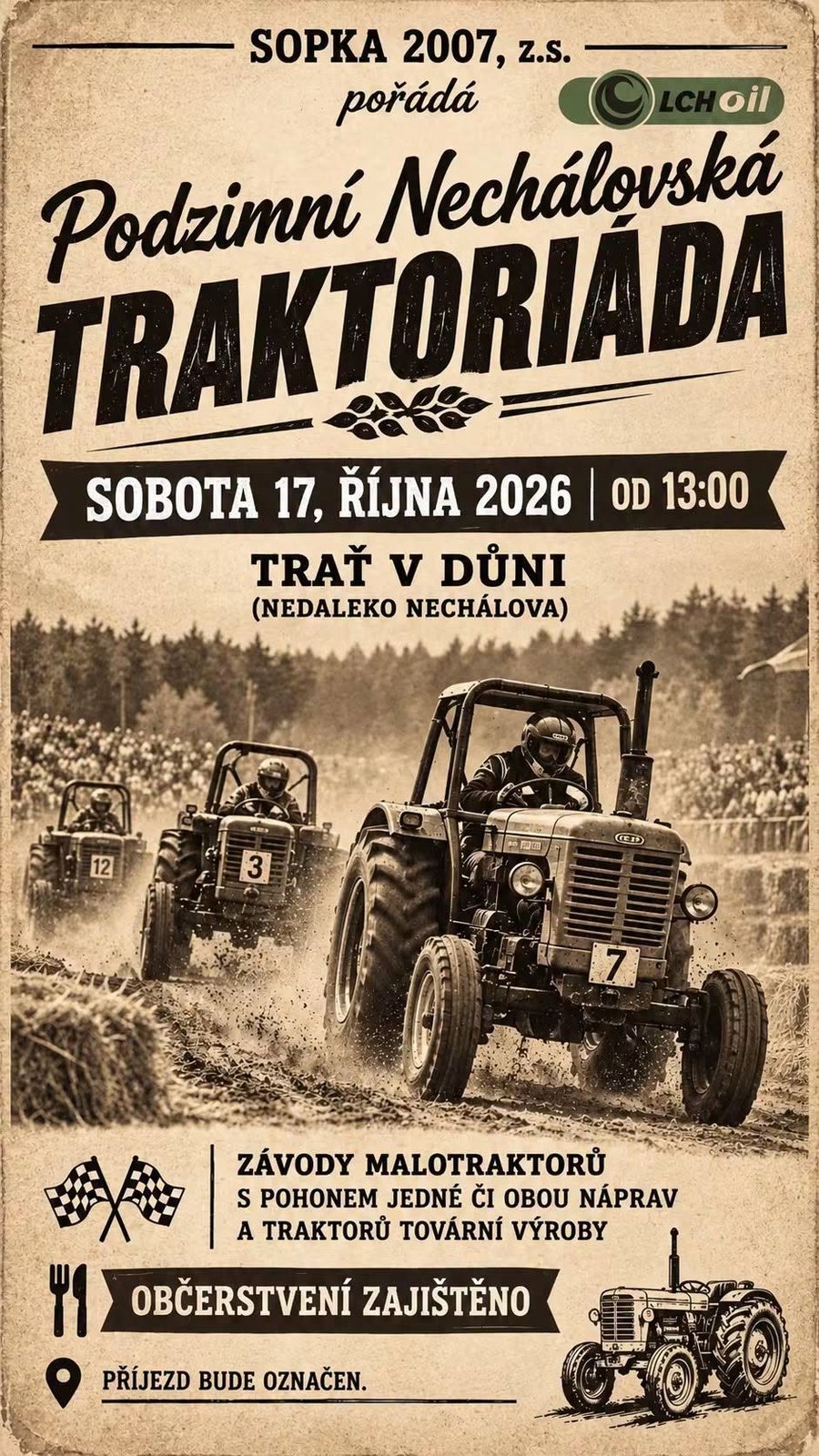 Plakát Podzimní Nechálovská traktoriáda 17. 10. 2026, trať v Důni u Nechálova