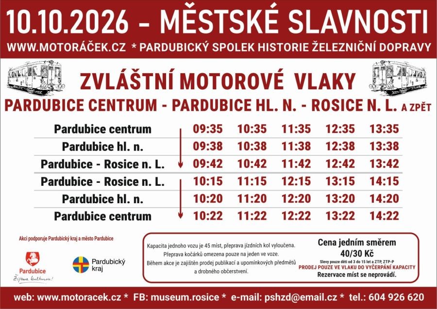 Leták zvláštních motorových vlaků Pardubice centrum – Rosice nad Labem 10. 10. 2026