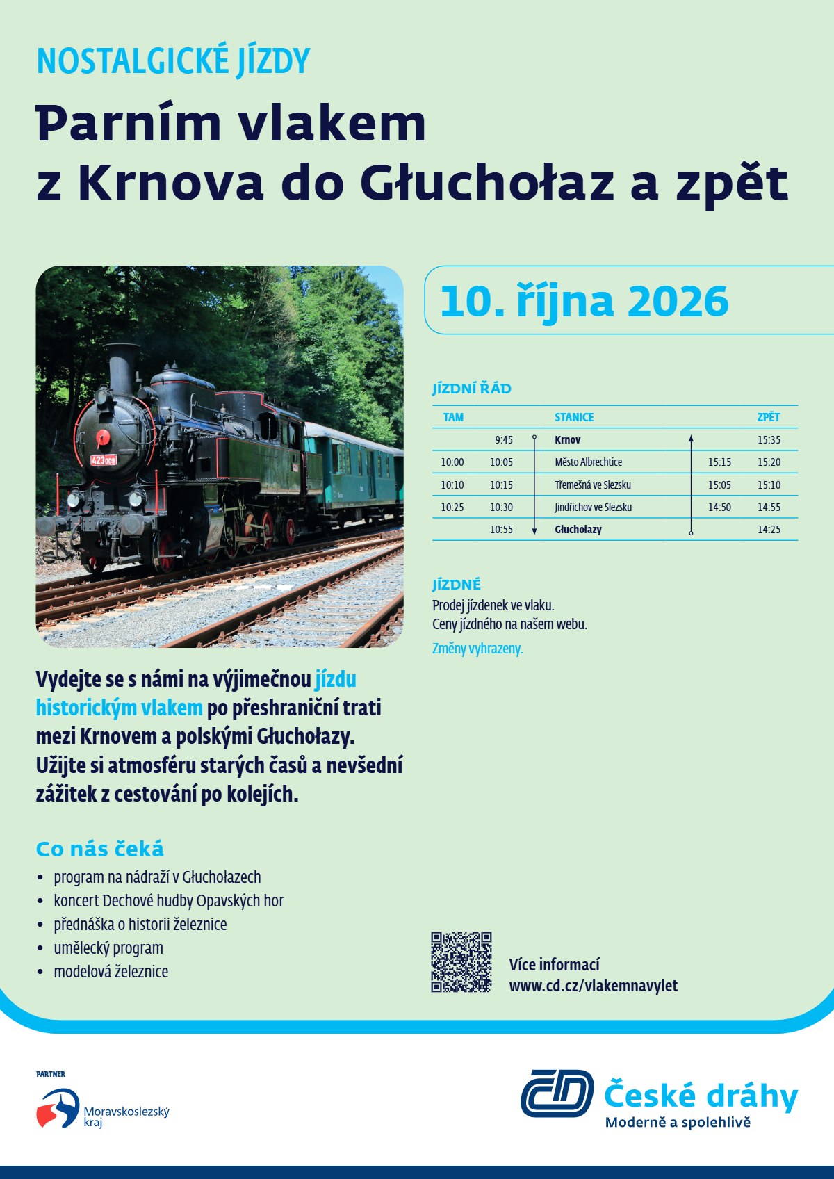 Plakát Českých drah k jízdě parního vlaku z Krnova do Głuchołaz 10. 10. 2026