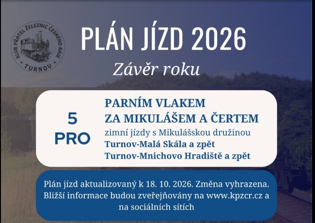 Parním vlakem za Mikulášem a Čertem 5. 12. 2026 – plán jízd KPŽČR