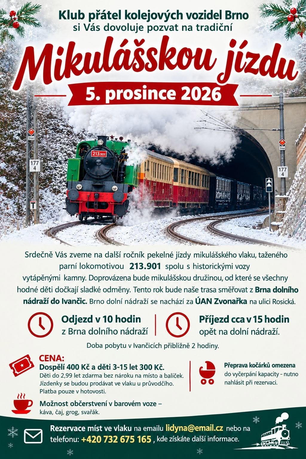 Plakát pořadatele: Mikulášská jízda parním vlakem z Brna do Ivančic 5. prosince 2026