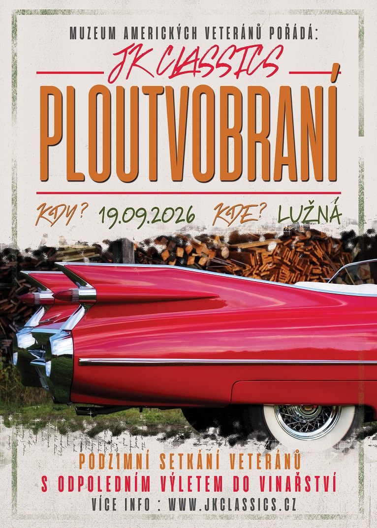 Oficiální plakát Ploutvobraní 2026 v Muzeu amerických veteránů JK Classics