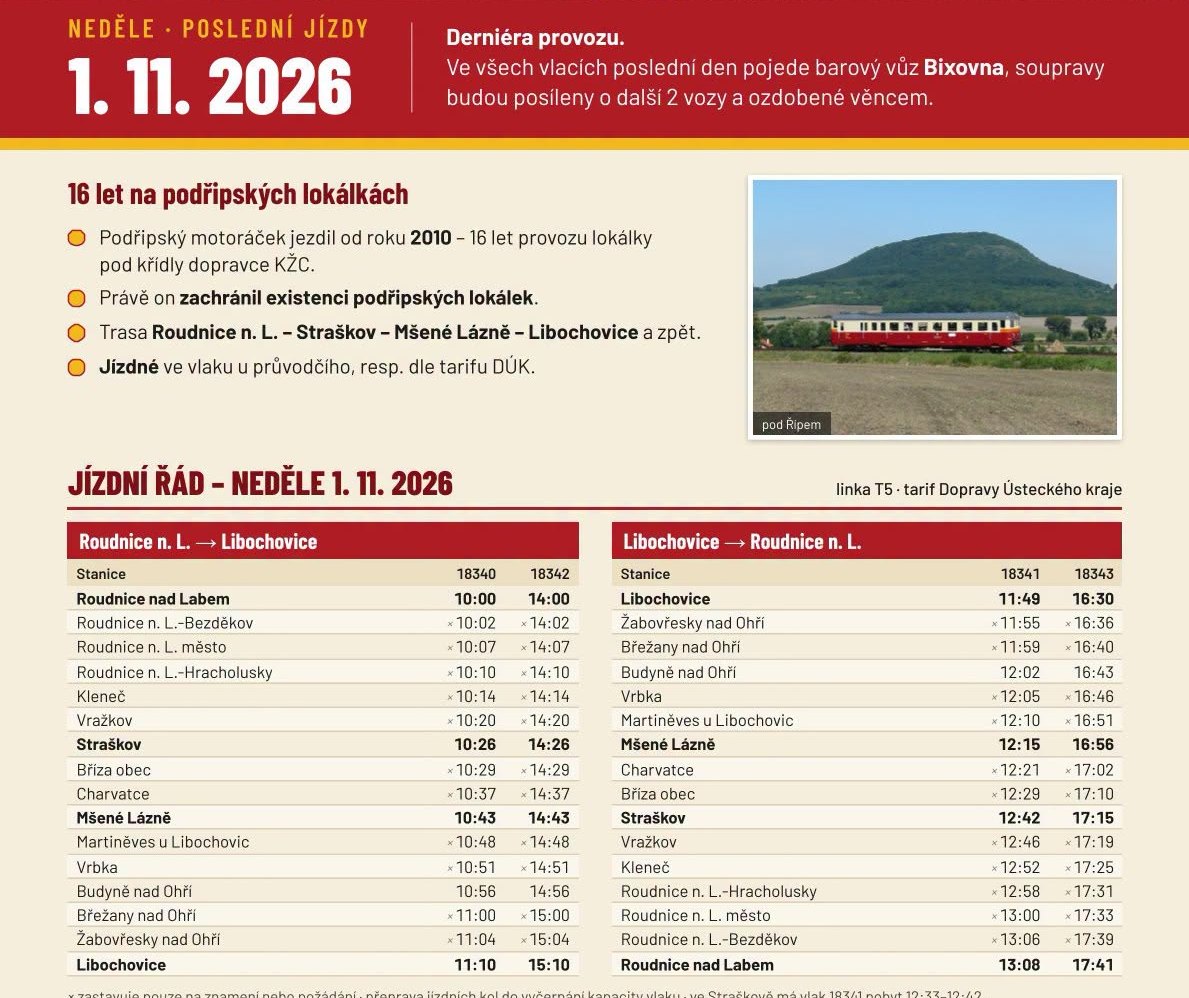 Plakát KŽC: derniéra Podřipského motoráčku 1. 11. 2026, jízdní řád
