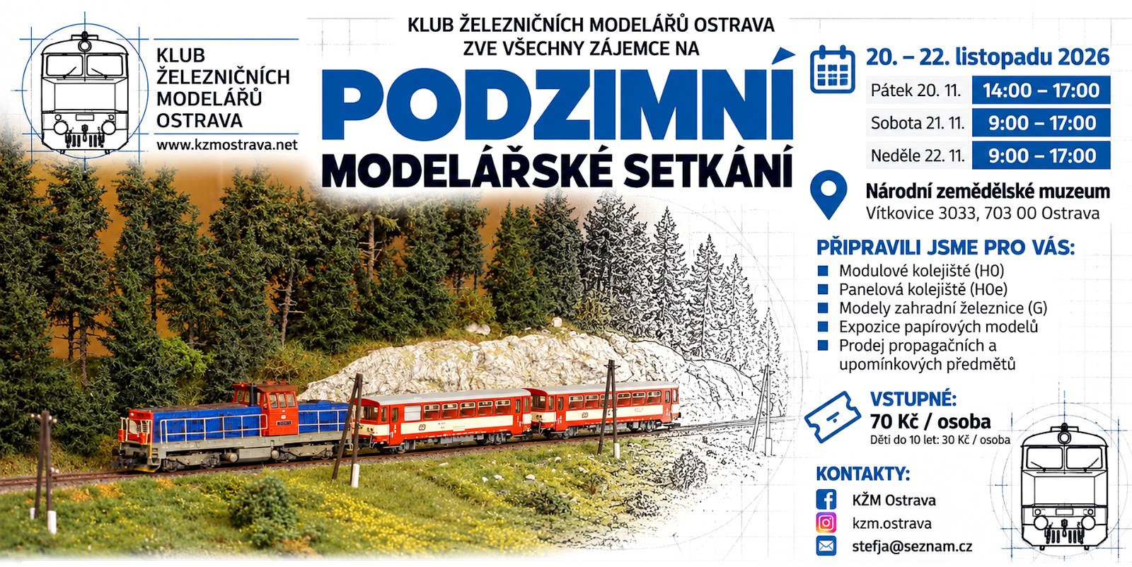 Plakát Podzimní modelářské setkání KŽM Ostrava 20.–22. 11. 2026 s modelem motorového vlaku na kolejišti