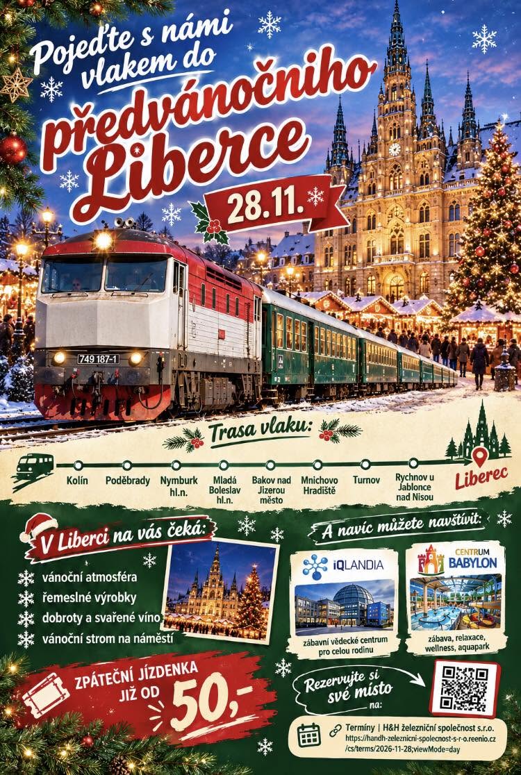 Plakát H&H železniční společnost: vlakem do předvánočního Liberce 28. 11.