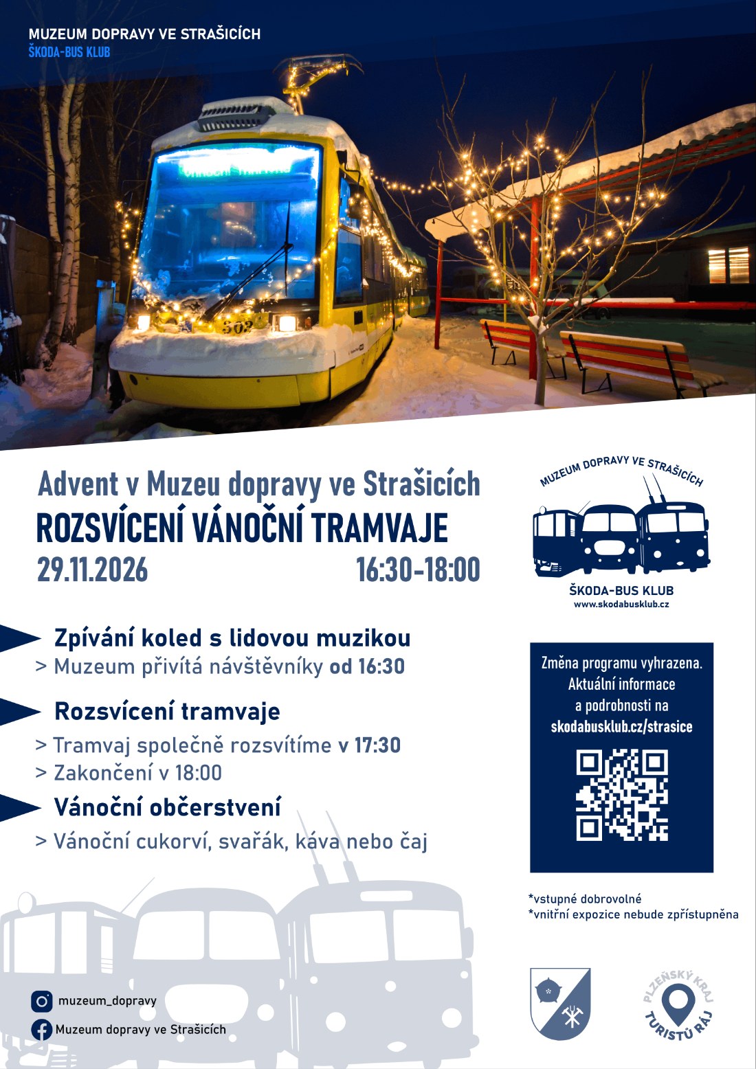 Plakát Rozsvícení vánoční tramvaje 29. 11. 2026, Muzeum dopravy ve Strašicích – osvětlená tramvaj v zimě