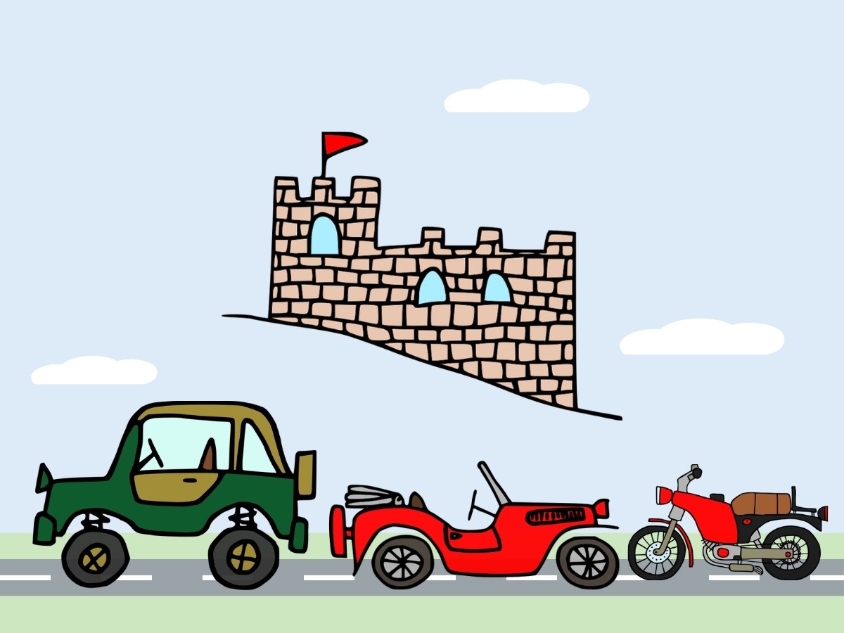 Ilustrace veteránů – auta a motorka na silnici