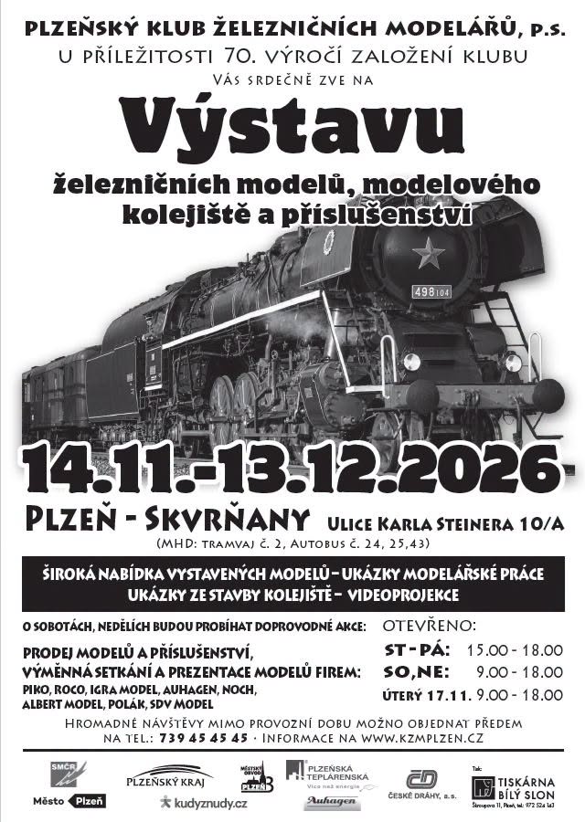 Plakát Výstava železničních modelů, modelového kolejiště a příslušenství 14. 11. – 13. 12. 2026, Plzeň-Skvrňany