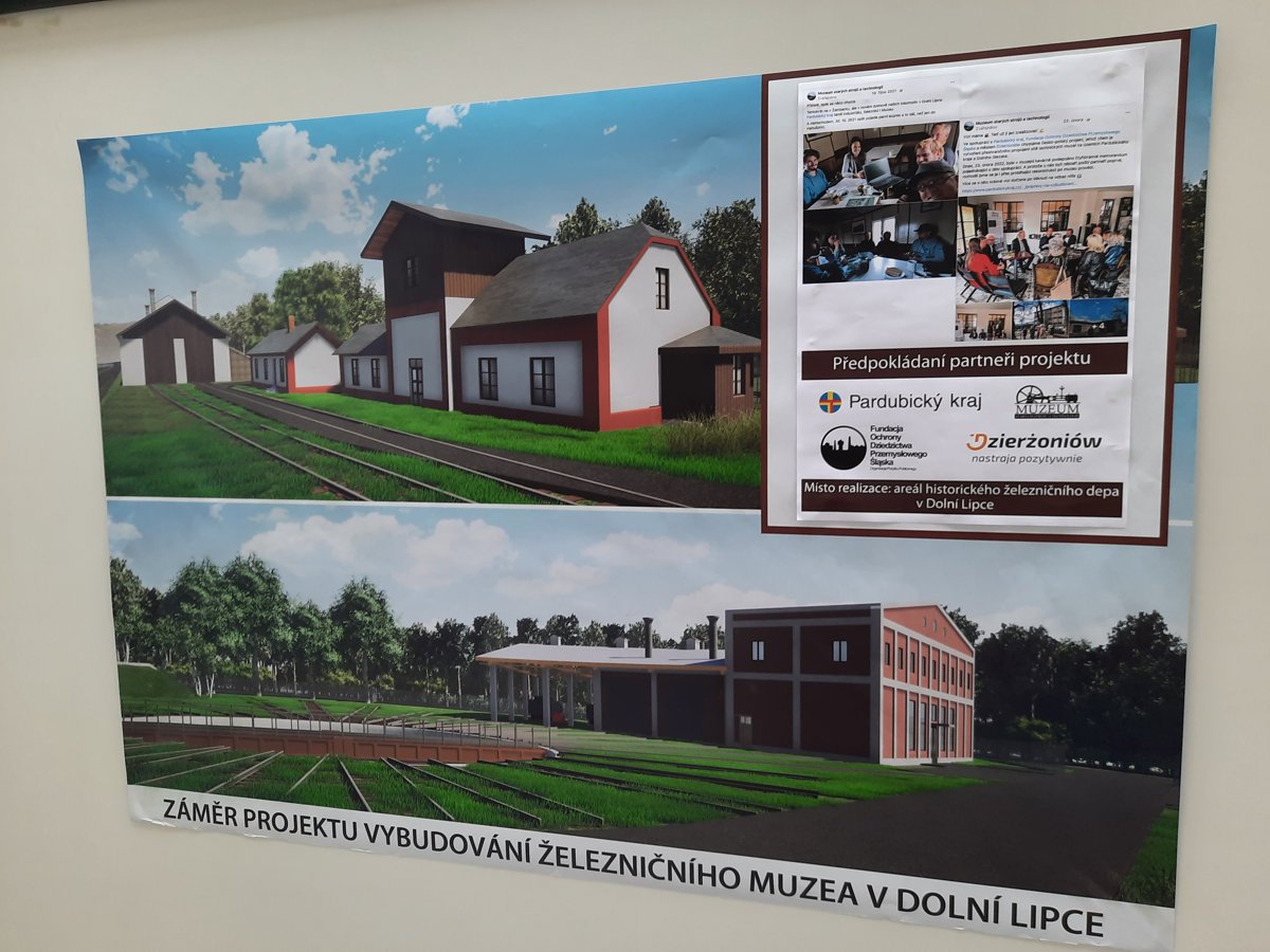 Panel se záměrem projektu železničního muzea v Dolní Lipce