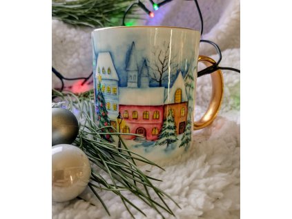 Luxusní porcelánový hrnek zlaté ouško Zimní městečko