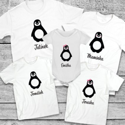 Set  triček - Penguins Family (Druh potisku Tatínek, Barva Bílé, Velikost a střih XS (pánské))