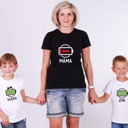 Set triček Máma & Syn/Dcera Low Battery (cena za jedno tričko) (Druh potisku Dcera, Barva Bílé, Velikost a střih Tričko 4 roky/110cm  (dětské))