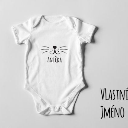 Dětské body bílé Kočičí vousky s vlastním jménem (Zvolte velikost 12M)
