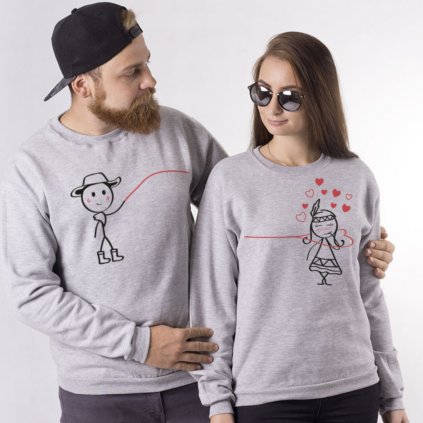 Párové mikiny bez kapuce Cute Buddies Cowboy (cena za obě mikiny) (Varianta pánské Šedé S, Varianta dámské Šedé S)