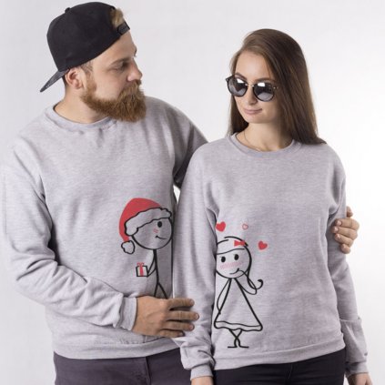 Párové mikiny bez kapuce Cute Buddies Xmas Present (cena za obě mikiny) (Varianta pánské Šedé S, Varianta dámské Šedé S)