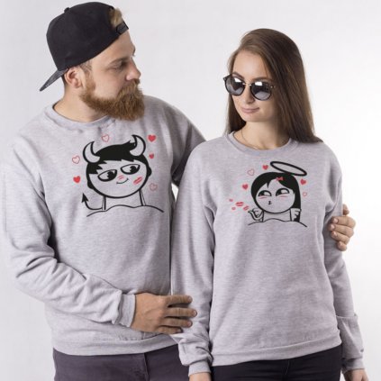 Párové mikiny bez kapuce Cute Buddies Boy Devil & Girl Angel (cena za obě mikiny) (Varianta pánské Šedé S, Varianta dámské Šedé S)