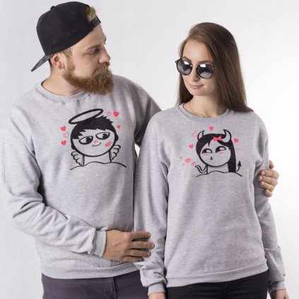 Párové mikiny bez kapuce Cute Buddies Boy Angel & Girl Devil (cena za obě mikiny) (Varianta pánské Šedé S, Varianta dámské Šedé S)